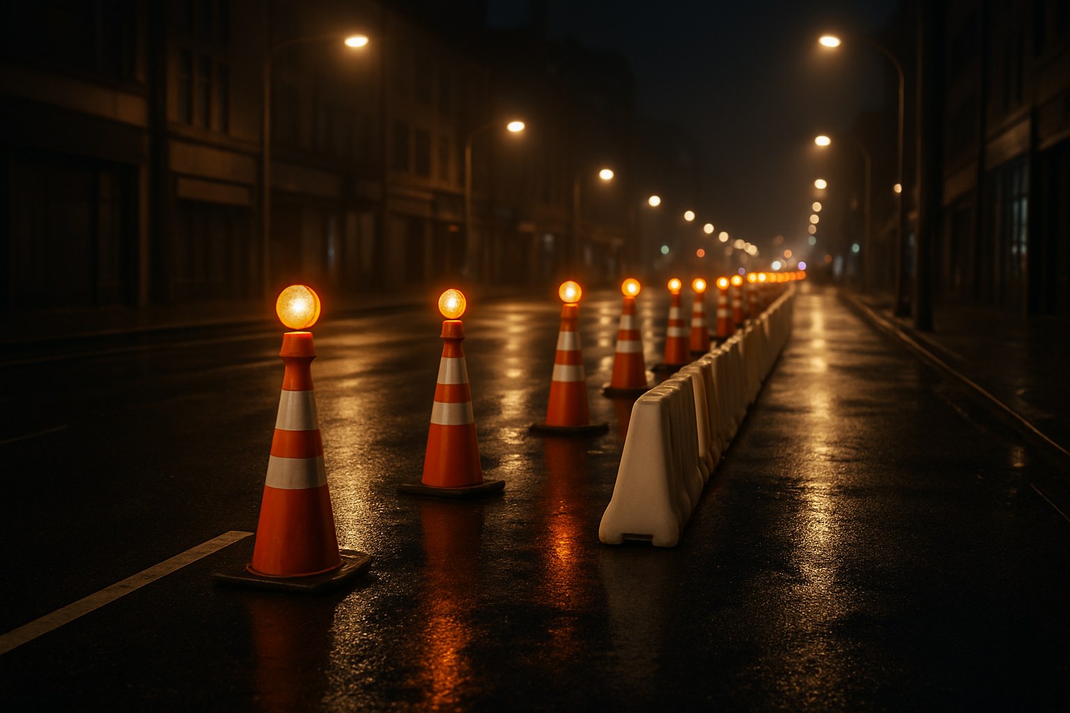 夜の道路のカラーコーンと規制ブロック