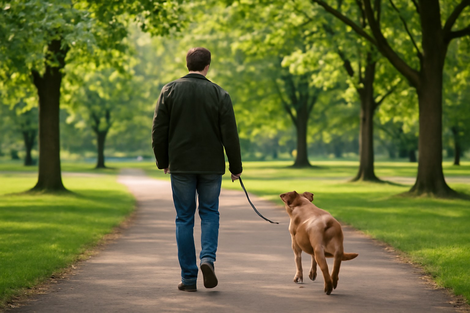 犬を連れて公園を歩く人