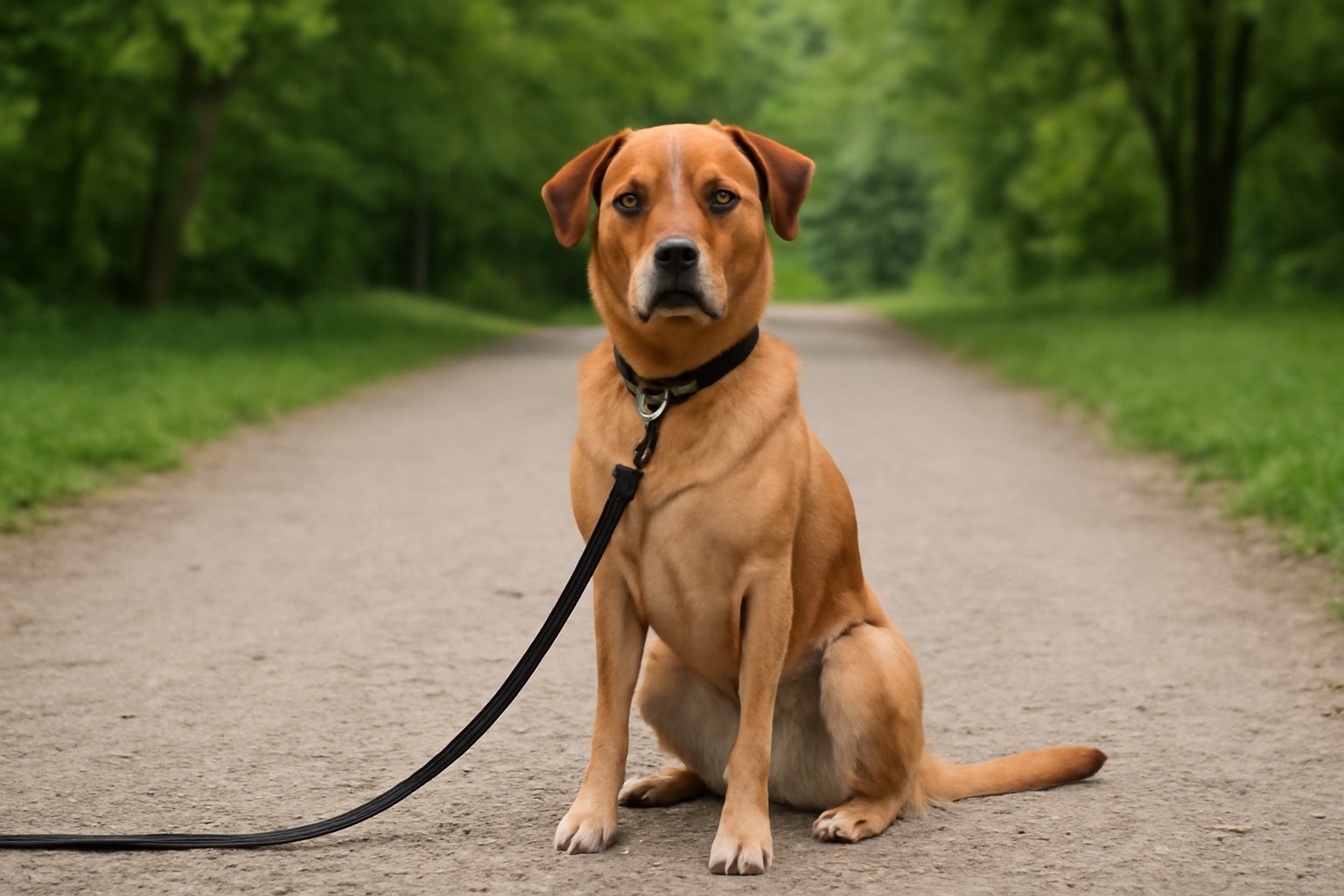 リードをつけて座る犬
