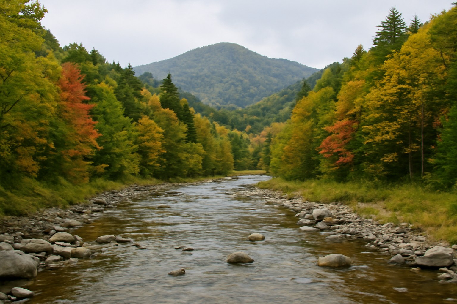 秋の山あいの川（AIで作成したイメージ）