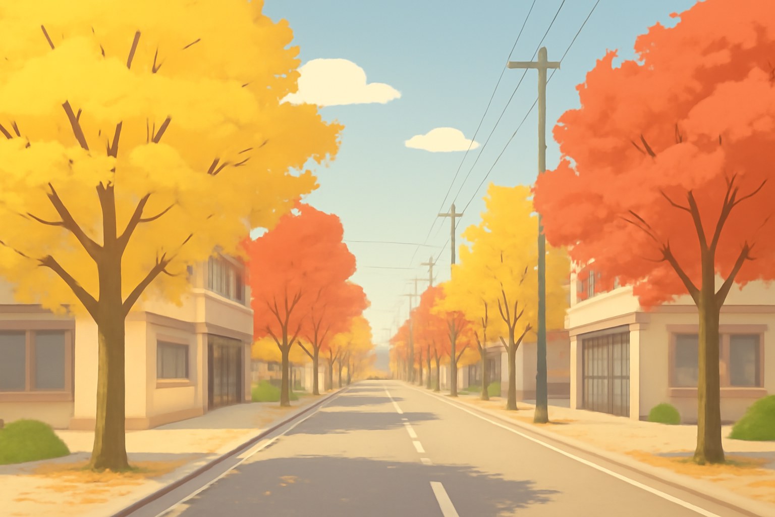 色づいた並木のある秋の街の通りのイラスト